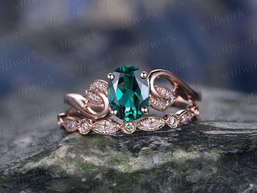 Emerald Engagement Ring Set Rose Gold Emerald Ring Vintage Diamond Ring 2pcs Floral Wedding Bridal Set May Birthstone Unique Promise Ring