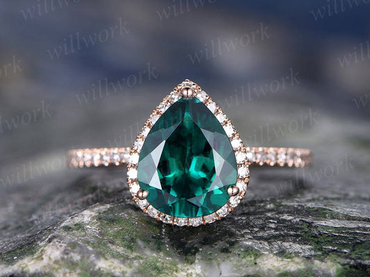 Emerald Wedding Ring 7x9mm Pear Cut Emerald Engagement Ring Rose Gold Handmade Diamond Halo Ring May Birthstone Bridal Promise Ring For Her