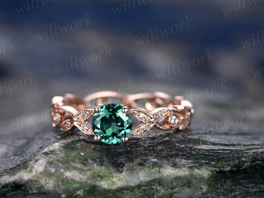 5mm Emerald Engagement Ring Rose Gold Emerald Ring Vintage Full Eternity Diamond Ring May Birthstone Unique Gift Bridal Wedding Promise Ring