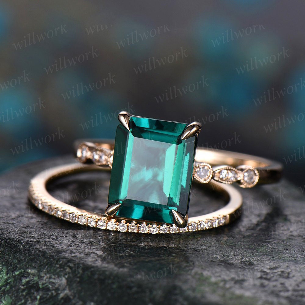 2pc Emerald Engagement Ring Set 14k Yellow Gold Real Diamond Ring 8x10mm Emerald Ring Gold Stacking Matching Wedding Bridal Promise Ring Set