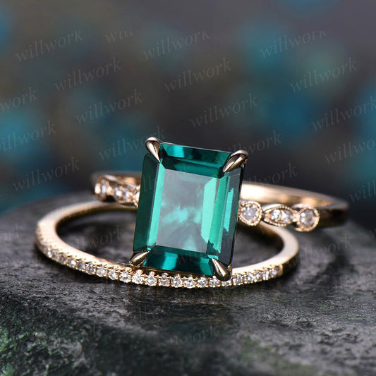 2pc Emerald Engagement Ring Set 14k Yellow Gold Real Diamond Ring 8x10mm Emerald Ring Gold Stacking Matching Wedding Bridal Promise Ring Set