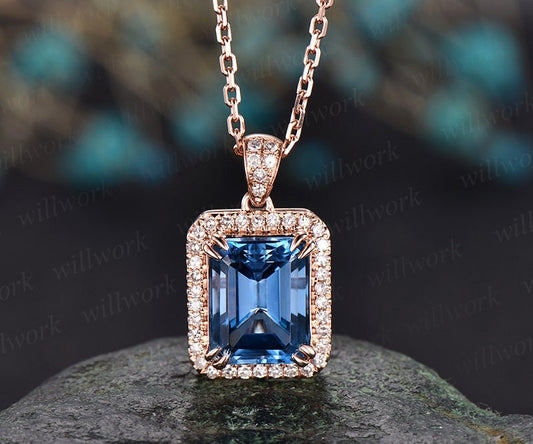 London Blue Topaz Necklace Blue Topaz Necklace 14k Rose Gold Pendant December Birthstone Necklace Dainty Unique Real Diamond Halo Necklace