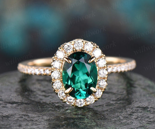 Green Emerald Engagement Ring Solid 14k Yellow Gold Real Diamond Ring Moissanite Halo Ring May Birthstone Oval Vintage Wedding Promise Ring