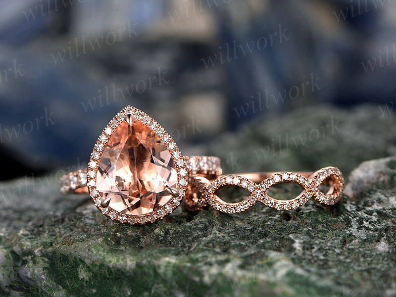 2pcs Tear Dropped Morganite Engagement Ring Set 14k Rose Gold Matching Band Diamond Halo Big Gift Wedding Bridal Promise Ring Set For Her
