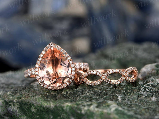 2pcs Tear Dropped Morganite Engagement Ring Set 14k Rose Gold Matching Band Diamond Halo Big Gift Wedding Bridal Promise Ring Set For Her