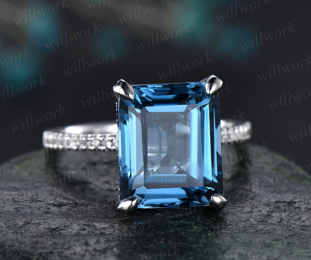 10x12mm London Blue Topaz Engagement Ring 14k White Gold Topaz Ring Under Diamond Halo Basket Infinity Ring Antique Wedding Promise Ring