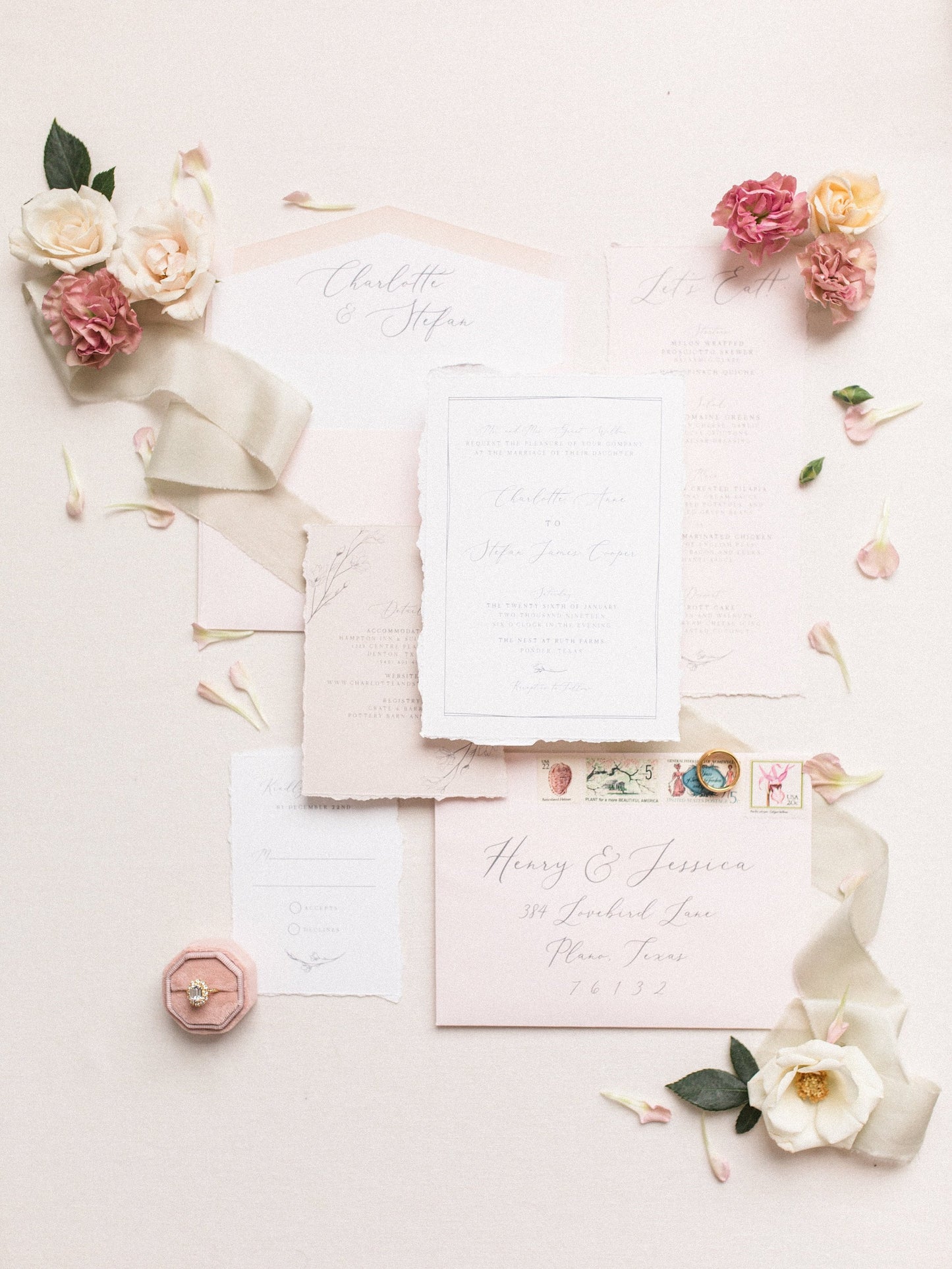 Delicate Line Drawn Floral Wedding Invitation with Calligraphy in Grey, Ivory and Pink — Envelope Liner, Guest Address Printing
