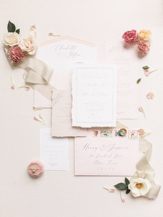 Delicate Line Drawn Floral Wedding Invitation with Calligraphy in Grey, Ivory and Pink — Envelope Liner, Guest Address Printing