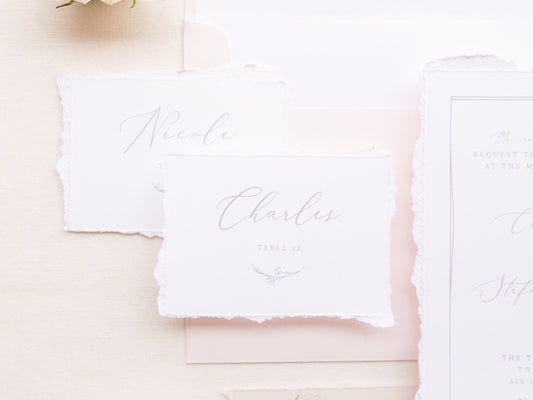 Delicate Floral Calligraphy Wedding Place Cards Escort Cards in Grey with Deckled Torn Edges Printed Guest Names