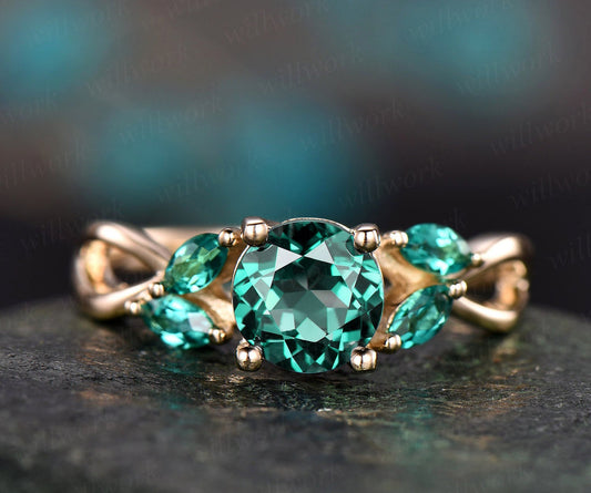 Green Emerald Engagement Ring 14k Yellow Gold May Birthstone Ring 1ct Emerald Ring Gold Vintage Art Deco Marquise Unique Women Wedding Ring