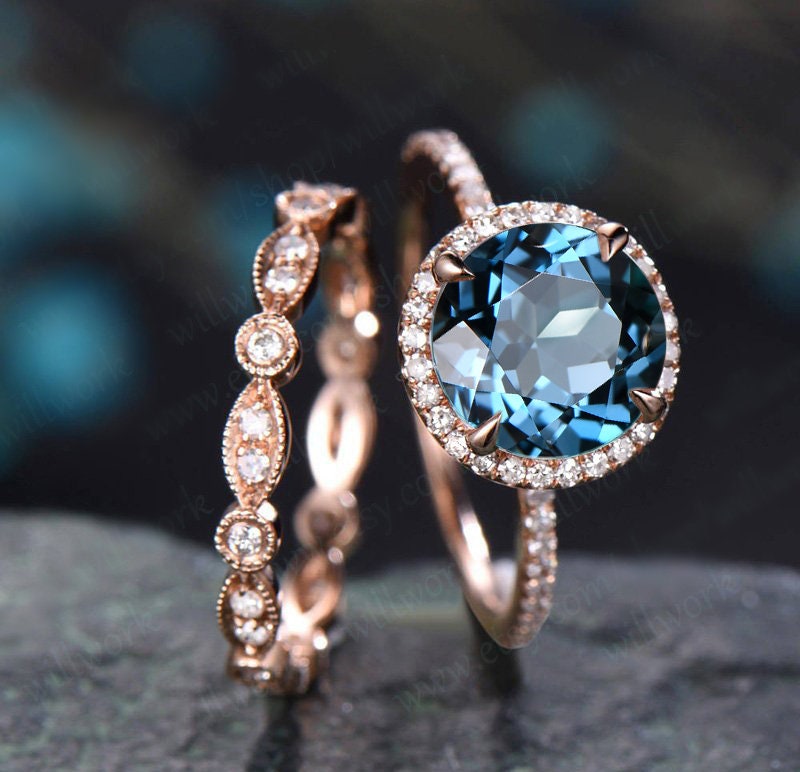 London Blue Topaz Engagement Ring Set Solid 14k Rose Gold Diamond Halo Ring Art Deco Full Eternity Matching Wedding Ring Band 2pcs Jewelry