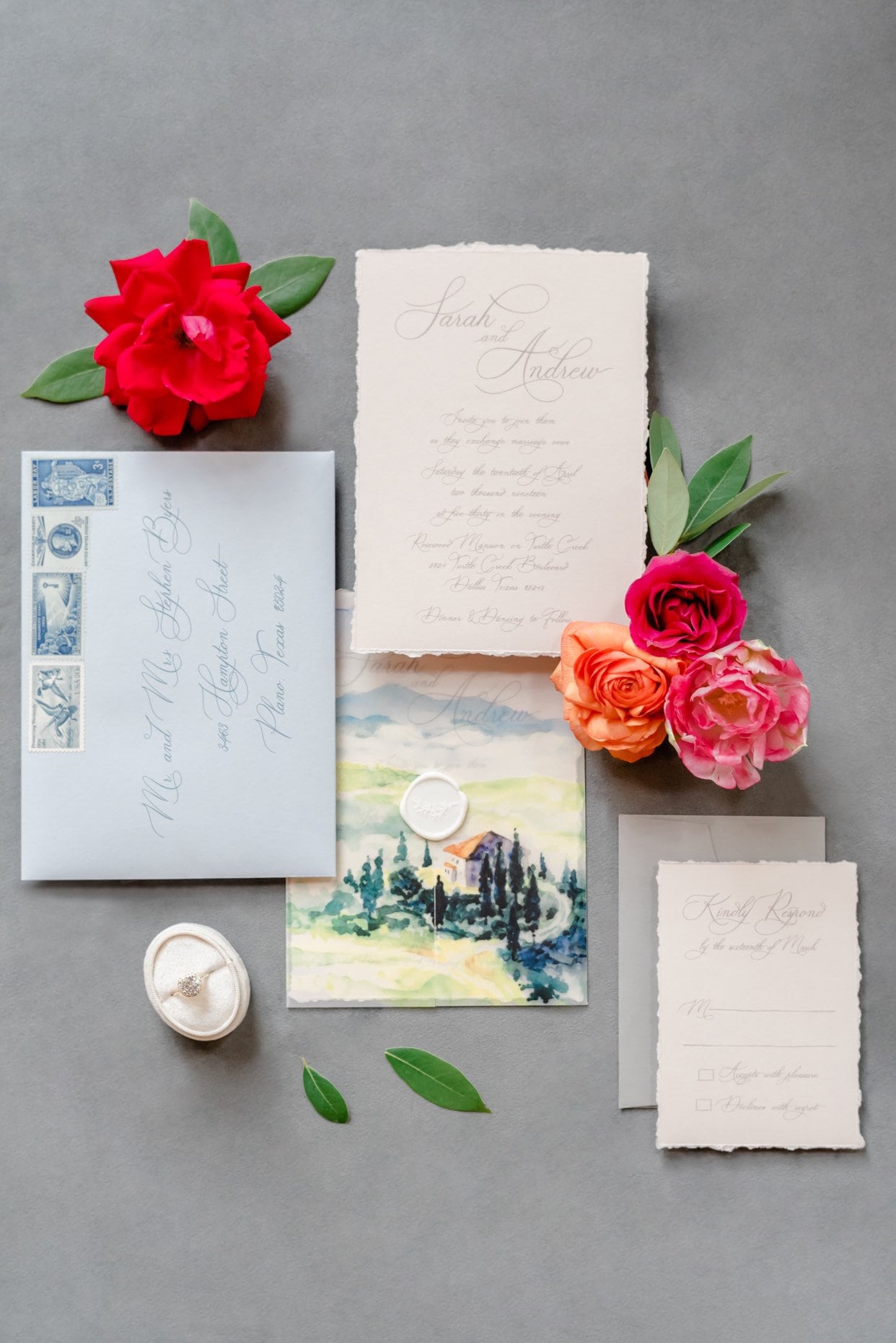Tuscan Water Color Scene on Vellum Jacket Wedding Invitation with Deckled Edges and Modern Calligraphy with Wax Seal - Other Colors
