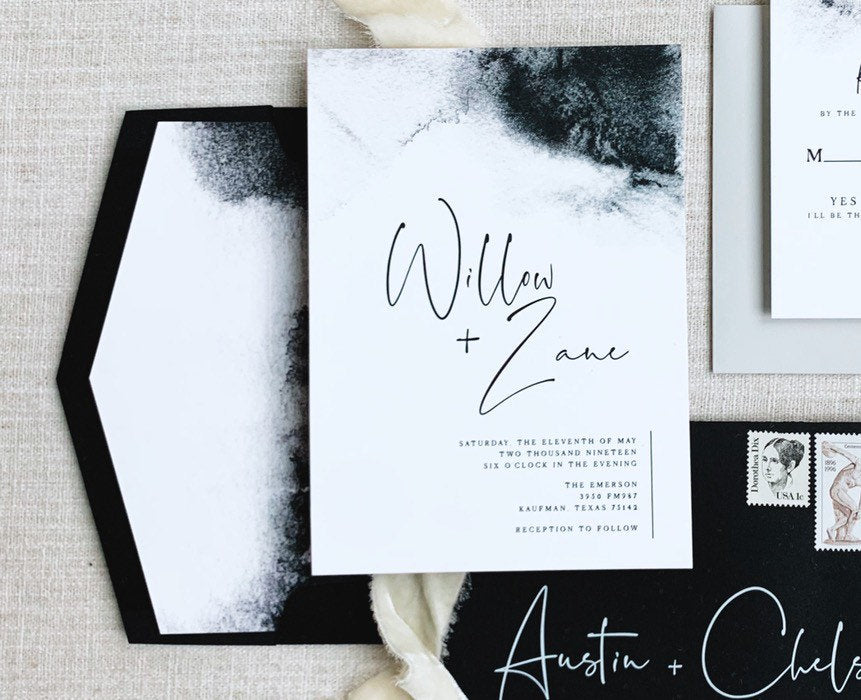 Black & White Watercolor Minimalist Wedding Invitation with Modern Calligraphy and Envelope Liner - Different Color Options