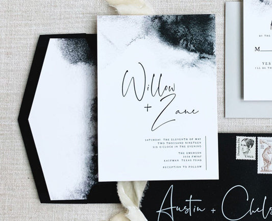 Black & White Watercolor Minimalist Wedding Invitation with Modern Calligraphy and Envelope Liner - Different Color Options