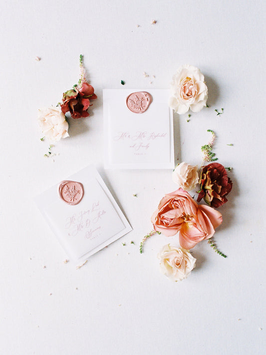 Vellum Overlay Wedding Escort Cards Cards with in Blush Pink Delicate Calligraphy Script and Wax Seal with Guest Name