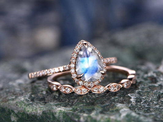 2pc Moonstone Wedding Bridal Ring Set Natural Moonstone Engagement Ring Set Rose Gold Vintage Matching June Birthstone Women Promise Ring