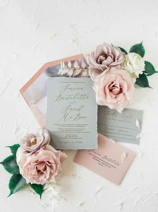 Grey, Blush & Metallic Gold Wedding Invitation with Torn Edges, Water Color Envelope Liner, RSVP and Addressing — Other Colors Available