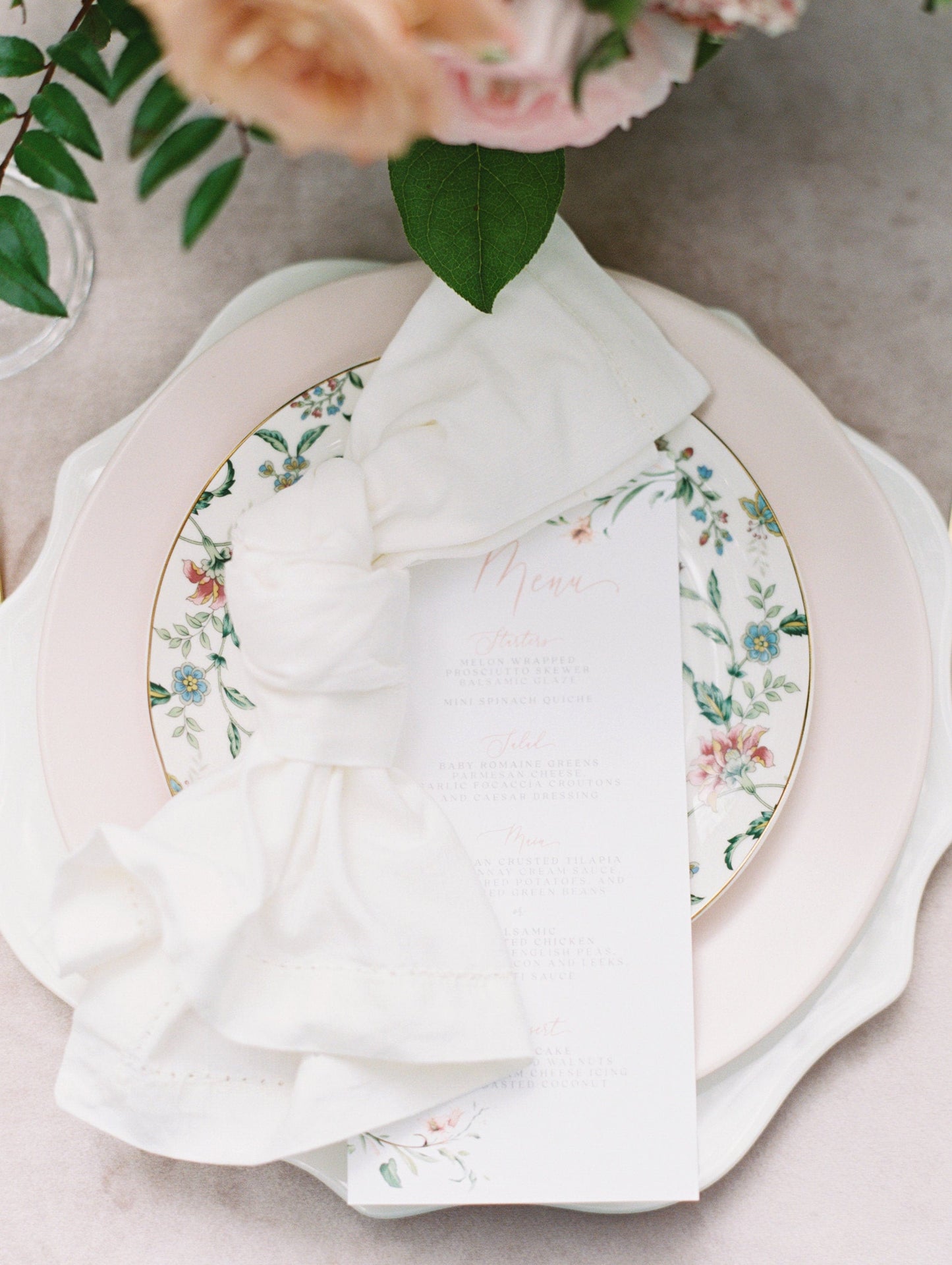 Blush Floral and Greenery Printed Wedding Menu with Soft Pink Calligraphy Script on White Paper — Different Colors Available!