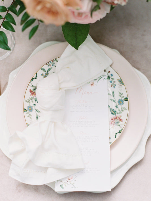Blush Floral and Greenery Printed Wedding Menu with Soft Pink Calligraphy Script on White Paper — Different Colors Available!