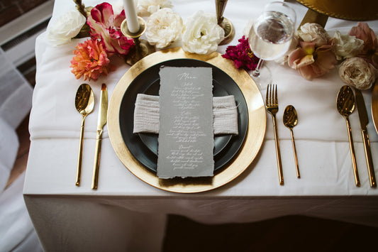 Vintage Deckled Edge Grey Menu with Ripped Edges, Delicate White Calligraphy Script, Printed Menu — Other Colors Available