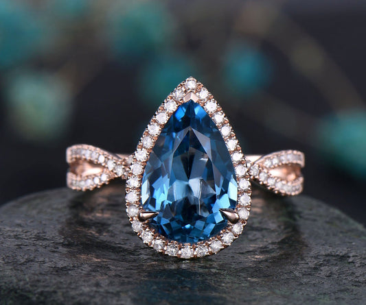 Infinity Diamond Halo Ring 8x12mm Pear London Blue Topaz Engagement Ring 14k Rose Gold Topaz Ring Gold Vintage November Birthstone Ring Gift
