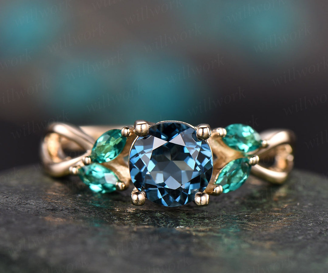 London Blue Topaz Engagement Ring Yellow Gold Topaz Ring Art Deco Emerald Ring Gold Vintage Marquise Wedding Women Gift Brial Ring Jewelry