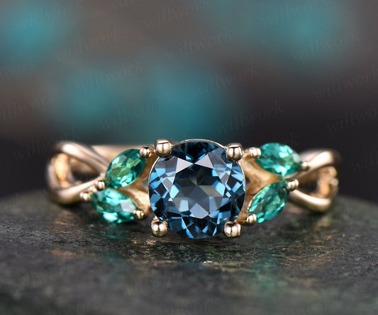 London Blue Topaz Engagement Ring Yellow Gold Topaz Ring Art Deco Emerald Ring Gold Vintage Marquise Wedding Women Gift Brial Ring Jewelry