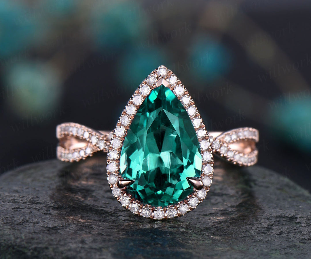 Emerald Engagement Ring 14k Rose Gold Diamond Halo Ring Split Shank Vintage May Birthstone Promise Wedding Bridal Anniversary Ring Jewelry