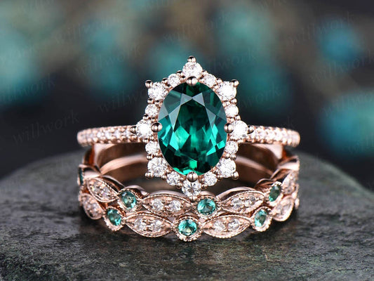 3pc Halo Cluster Emerald Engagement Ring Rose Gold Moissanite Halo Ring Natural Emerald Diamond Wedding Band Vintage Women Bridal Ring Set