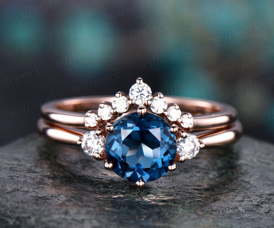 2pcs London Blue Topaz Engagement Ring Set Rose Gold Moissanite Bridal Ring Set Three Stone Engagement Anniversary November Birthstone Ring