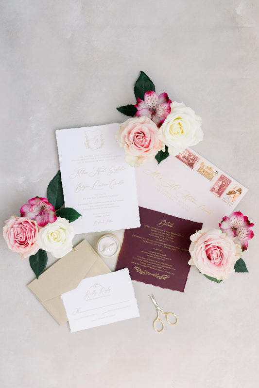 Deckled Edge Modern Calligraphy FLoral Crest Wedding Invitation in Gold, Burgundy and Pale Pink with Envelope Liner, RSVP & Address Printing