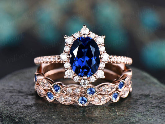 3pc Halo Cluster Sapphire Engagement Ring Rose Gold Moissanite Natural Sapphire Diamond Wedding Band Stack Vintage For Women Bridal Ring Set