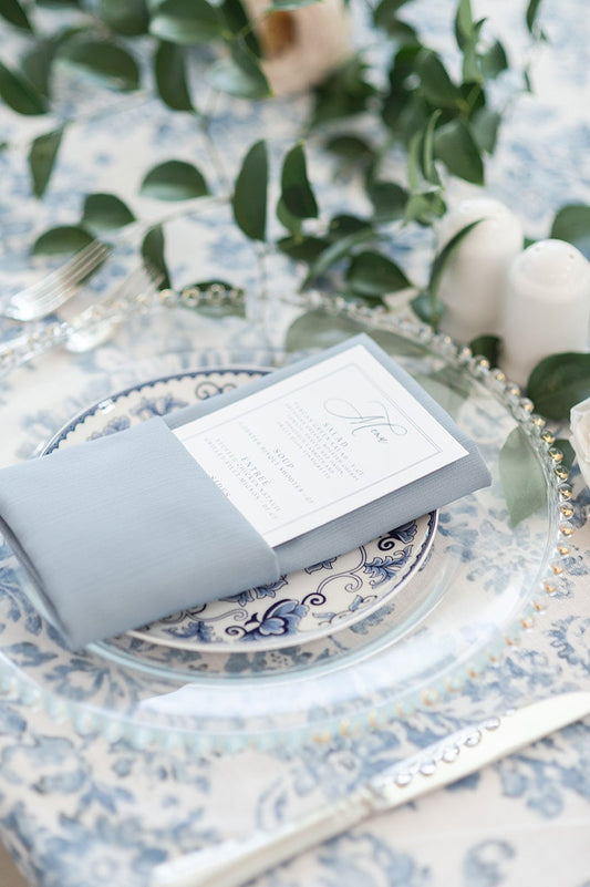 Clean and Simple Wedding Menu in Navy Blue and White with Calligraphy Style Script — Different Colors Available!
