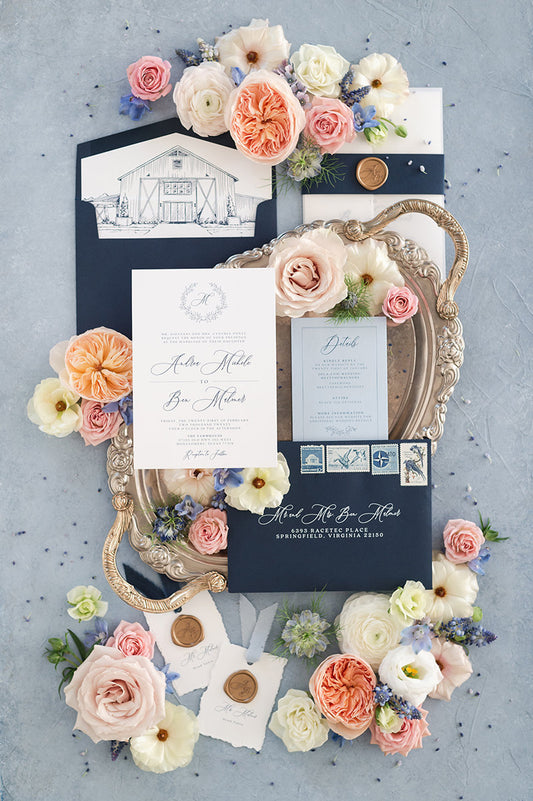 Vellum Wrapped Wedding Invitation, Navy Blue Band and Gold Wax Seal. Features Sketch Drawn Venue Illustration on Liner — Other Colors Avail