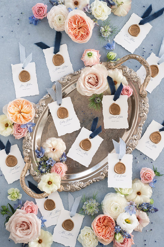 White and Navy Blue Wedding Escort Cards Cards with Torn Edges, Delicate Calligraphy Script and Wax Seal with Guest Names and Ribbon