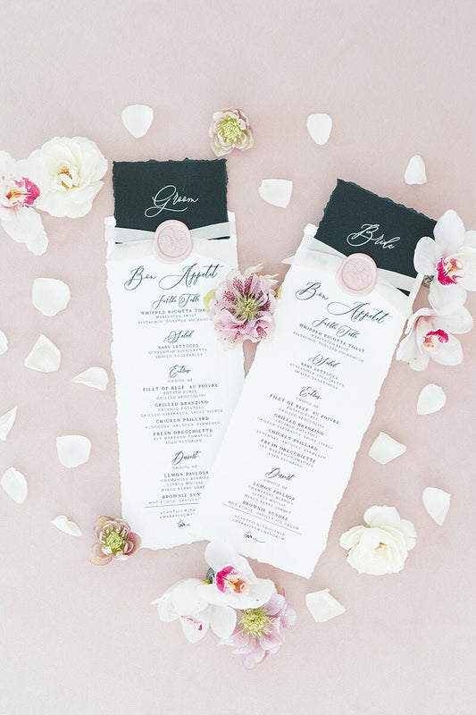 Place Card + Wedding Menu Combination in Black, White & Blush with Torn Edges, Calligraphy Script and Wax Seal, Printed Menu — Other Colors