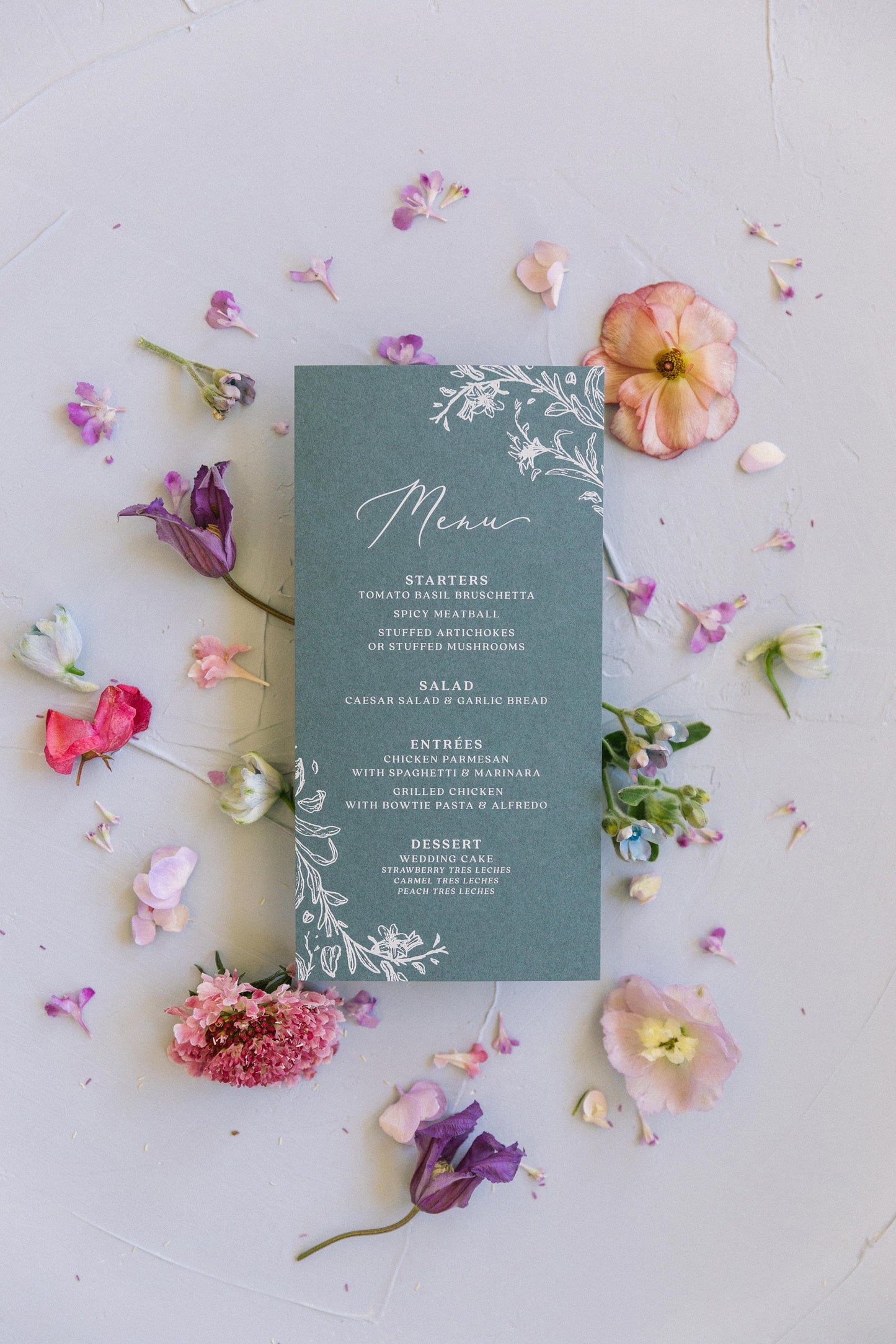 White ink on Slate Blue Line Drawn Floral Wedding Menu with Simple Modern Calligraphy Script — Available in Other Colors!