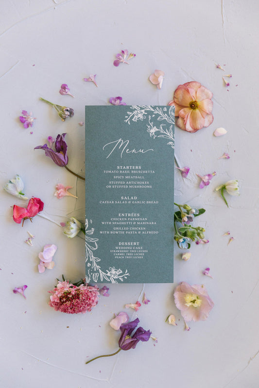 White ink on Slate Blue Line Drawn Floral Wedding Menu with Simple Modern Calligraphy Script — Available in Other Colors!