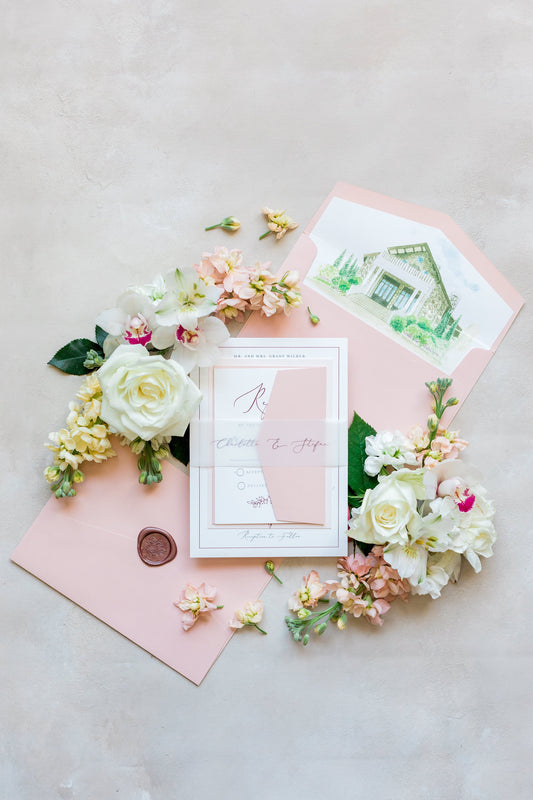 Blush Pink Wedding Invitation Featuring Custom Venue Illustration, Vellum Belly Band and Calligraphy Script - Other Colors Available