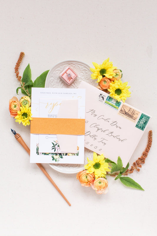 Wildflower Wedding Invitation in Blush, Yellow, Copper, Gold and Green, Includes Belly Band, Wax Seal, Details and RSVP — Other Colors!