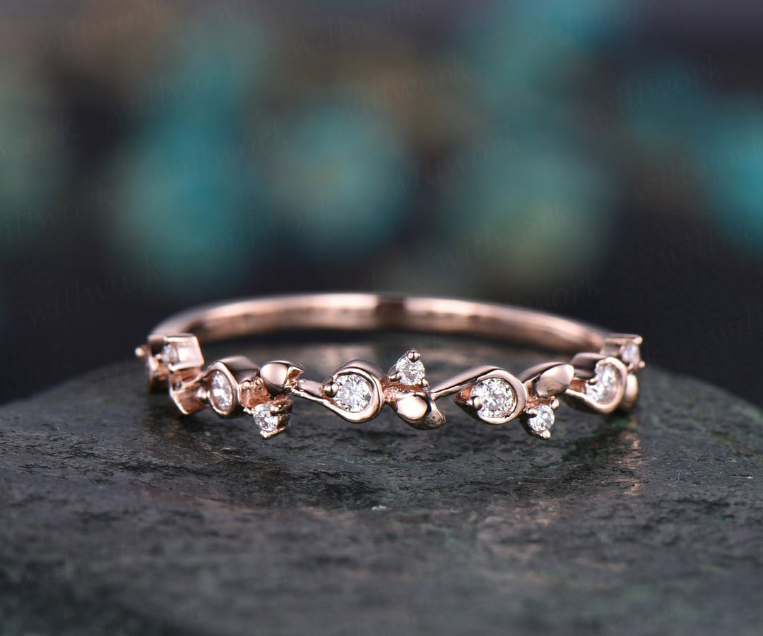 Flower Diamond Wedding Ring Unique Half Eternity Diamond Wedding Band Vintage Stacking Matching Ring Anniversary Birthday Graduation Gift