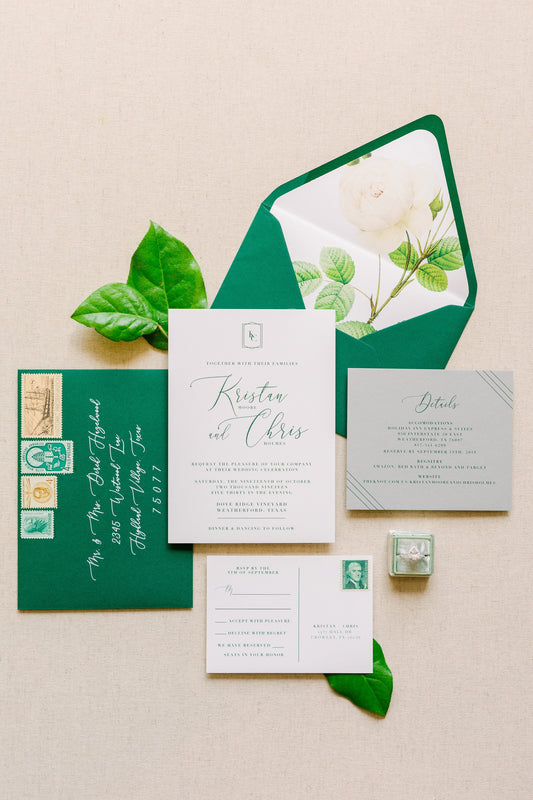 Modern Geometric Monogram Wedding Invitation in Emerald Green with Modern Calligraphy, Details, RSVP, Envelopes & Address Printing