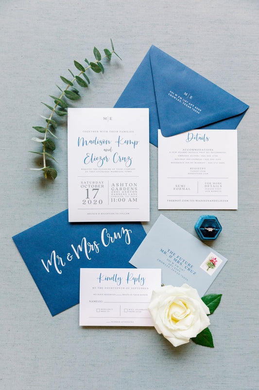 Navy Blue & White Modern Wedding Invitation, Simple Design, Fun Calligraphy Script, Belly Band and Address Printing — Other Colors