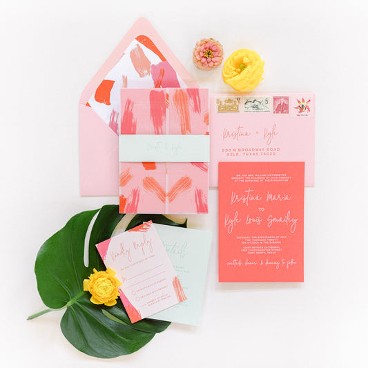 Brightly Colored Summer, Tropical Wedding Invitation with Paint Brush Vellum Wrap + Liner, Belly Band in Coral, Mint and Pink - Other Colors