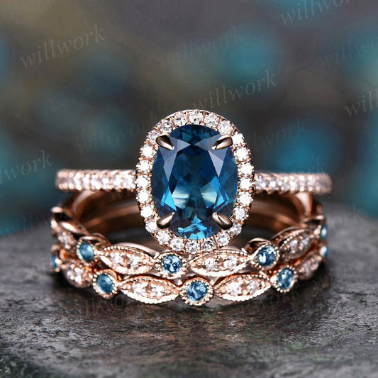 3pcs Oval London Blue Topaz Engagement Ring Set 14k Rose Gold Unique Vintage Halo Diamond Ring Topaz Wedding Band November Birthstone Ring