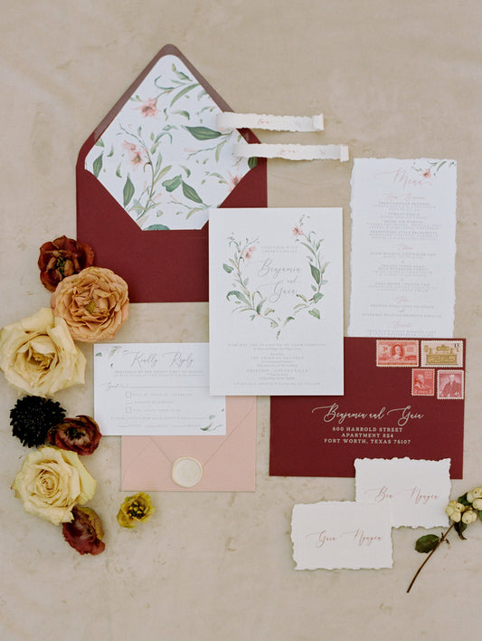Burgundy and Blush Floral & Greenery Leaves Wedding Invitation with Modern Calligraphy and Envelope Addressing - Other Colors Available