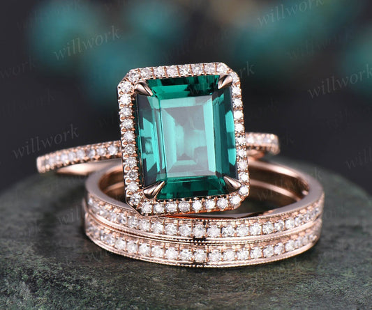 Emerald Cut Emerald Ring Set Rose Gold Vintage Unique Emerald Engagement Ring Set Halo Diamond Ring Set Antique Wedding Ring Set For Women
