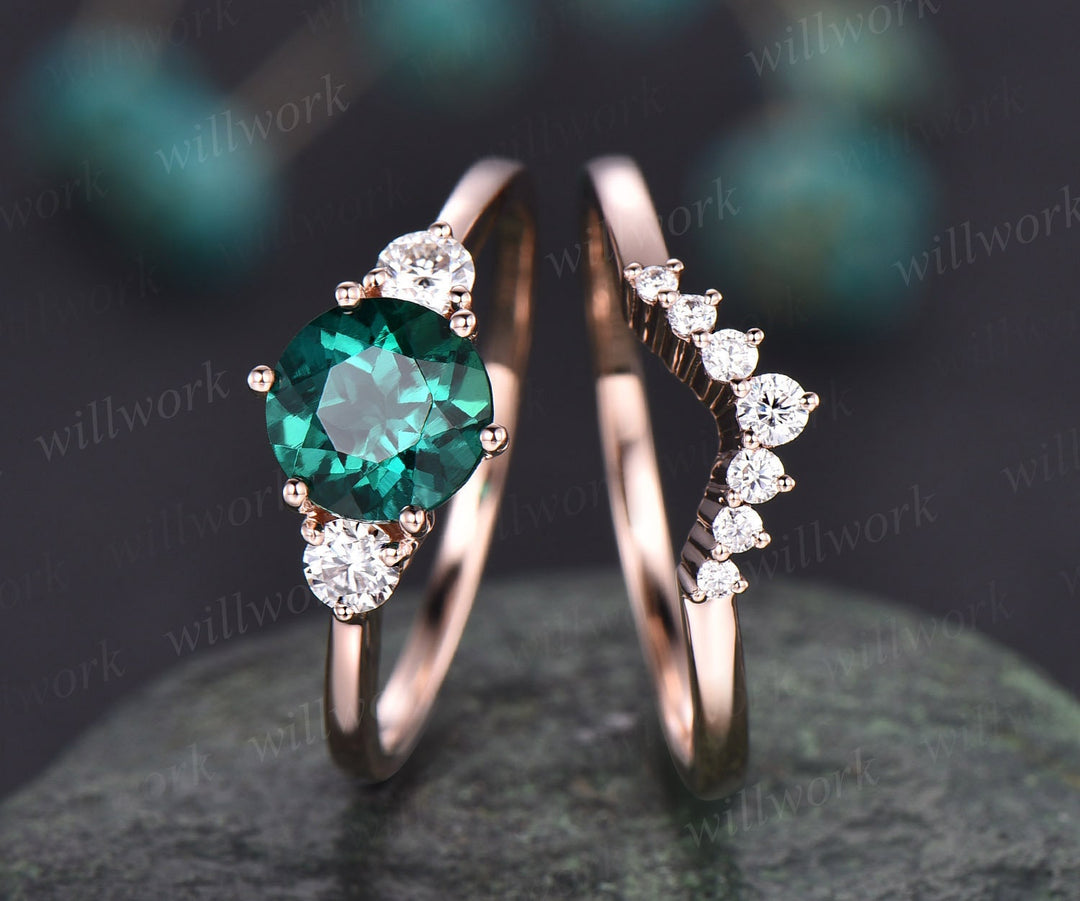 2pcs Round Emerald Engagement Ring Set Emerald Rings For Women Vintage Emerald Bridal Set Solid 14k Rose Gold Moissanite Ring Jewelry Gift
