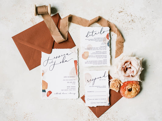 Boho Wedding Invitation with Abstract Shapes in Terra-Cotta, Sepia, Blush and Brown & Ripped Edges — Details, RSVP and Address Printing