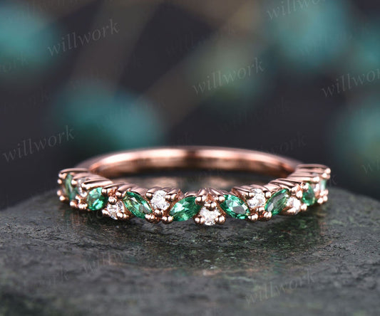 Marquise Emerald Ring For Women Vintage Solid 14k Rose Gold Ring Dainty Jewelry Moissanite Wedding Ring Emerald Wedding Band Bridal Ring